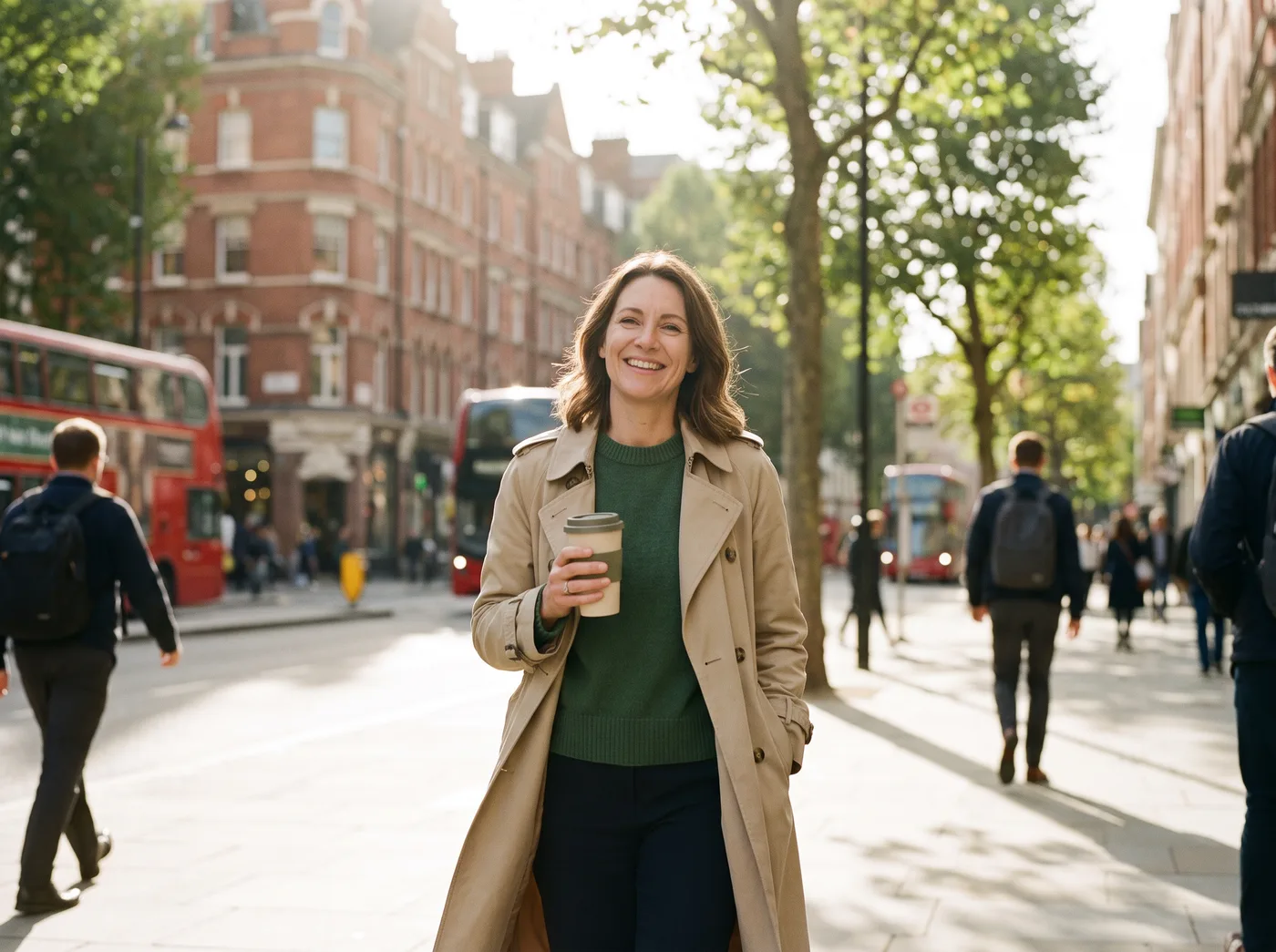 Someone smiling on a sunny city street during their lunch break