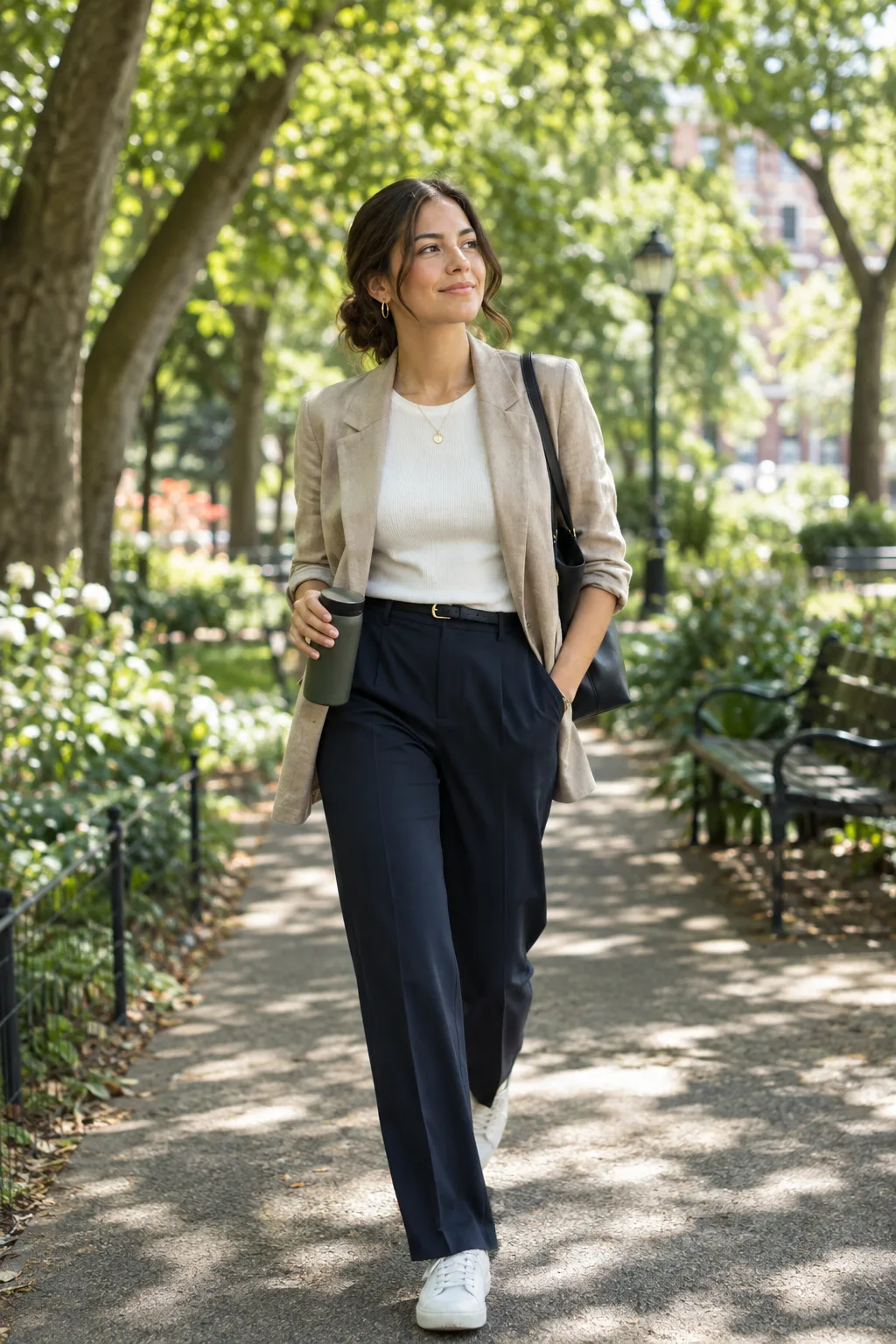 A person walking along a sunny, tree-lined park path